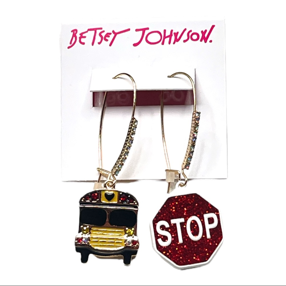 Betsey Johnson Stop Sign and Bus Dangle Earrings Mismatch Red Yellow